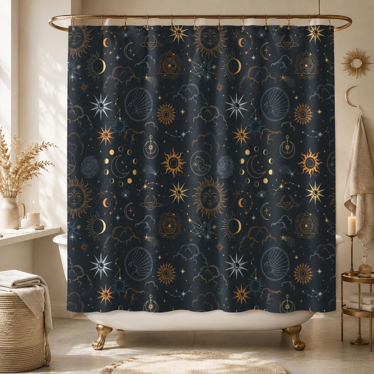 Celestial Sun Moon Shower Curtain, Navy Gold Stars Mystic Bathroom Decor