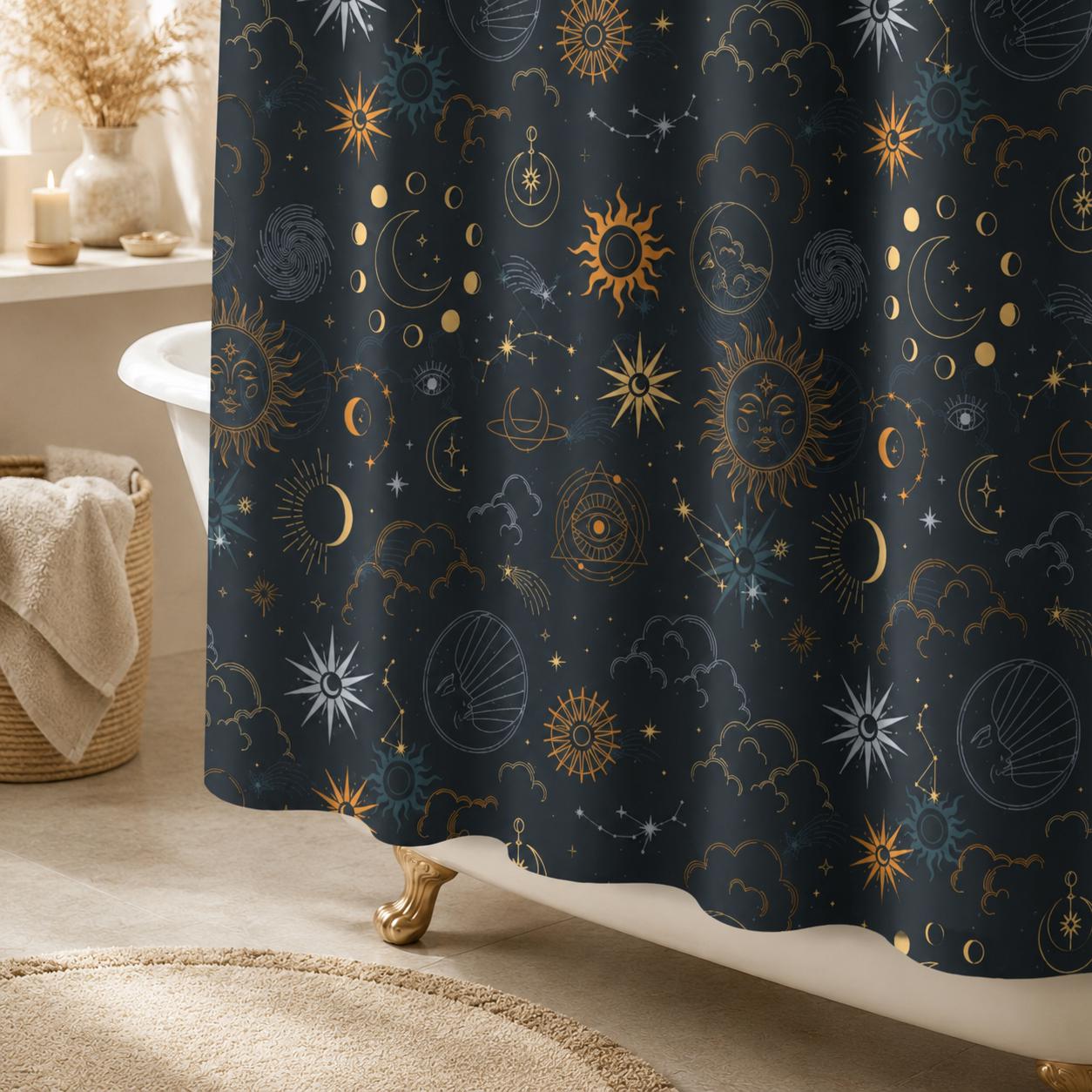 Celestial Sun Moon Shower Curtain, Navy Gold Stars Mystic Bathroom Decor