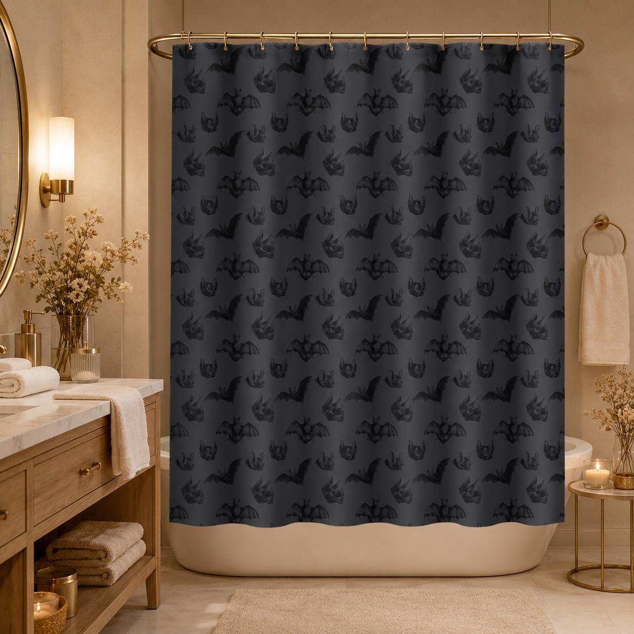 Bat Shower Curtain, Gothic Bathroom Curtain in Charcoal Gray, Dark Academia Halloween Bath Decor