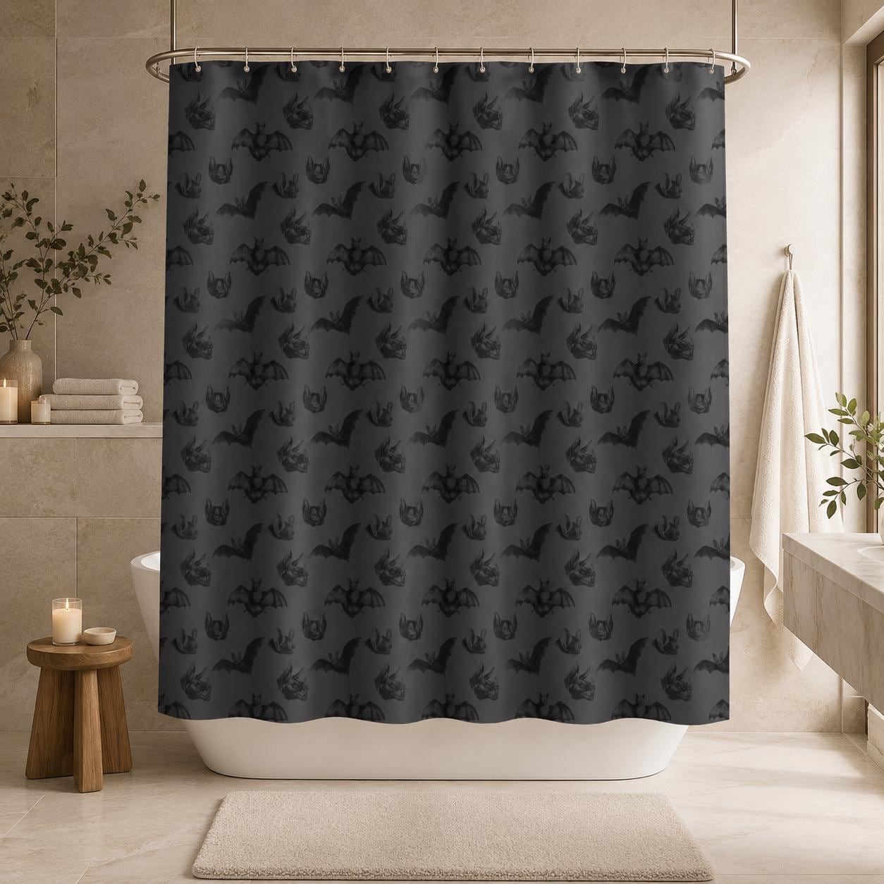Bat Shower Curtain, Gothic Bathroom Curtain in Charcoal Gray, Dark Academia Halloween Bath Decor