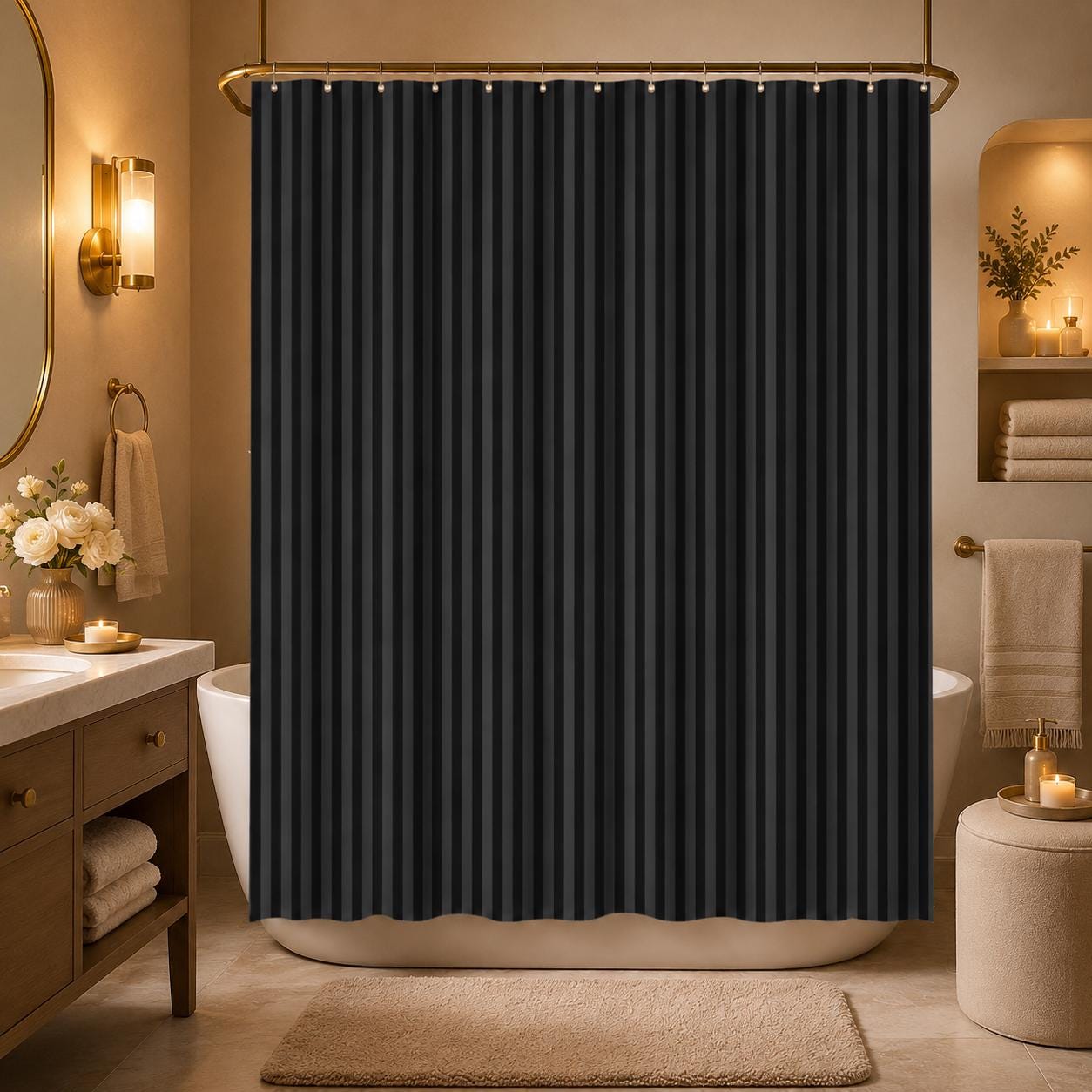 Black Vertical Stripe Shower Curtain, Moody Gothic Bathroom Decor
