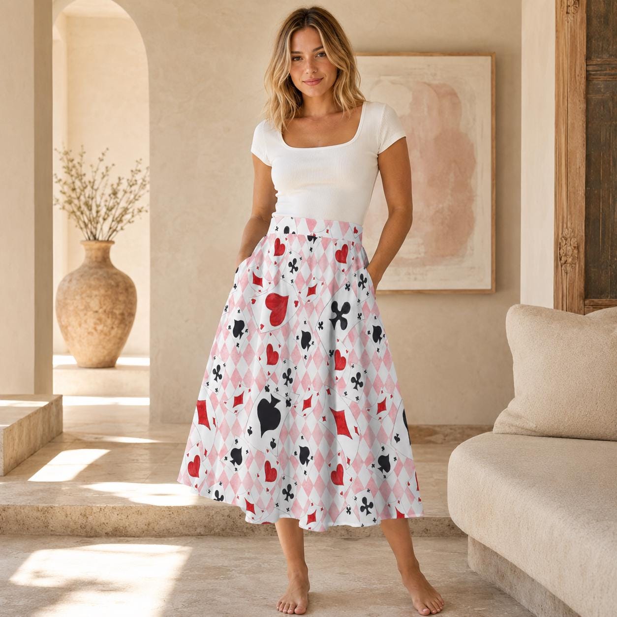 Alice In Wonderland Midi Skirt, Pink Harlequin Playing Card Print, High Waist Pockets