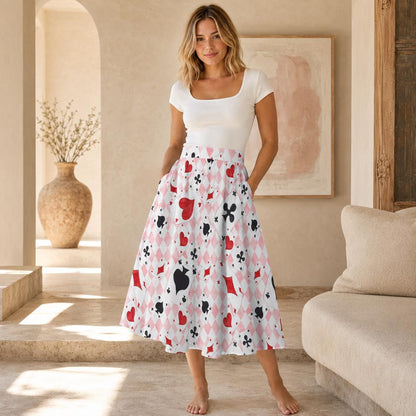 Alice In Wonderland Midi Skirt, Pink Harlequin Playing Card Print, High Waist Pockets