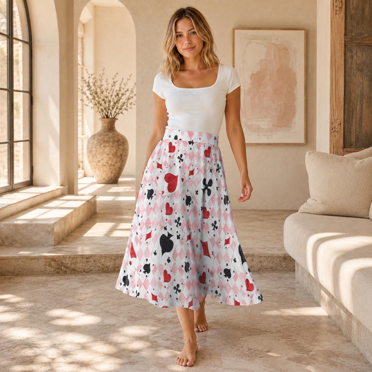 Alice In Wonderland Midi Skirt, Pink Harlequin Playing Card Print, High Waist Pockets