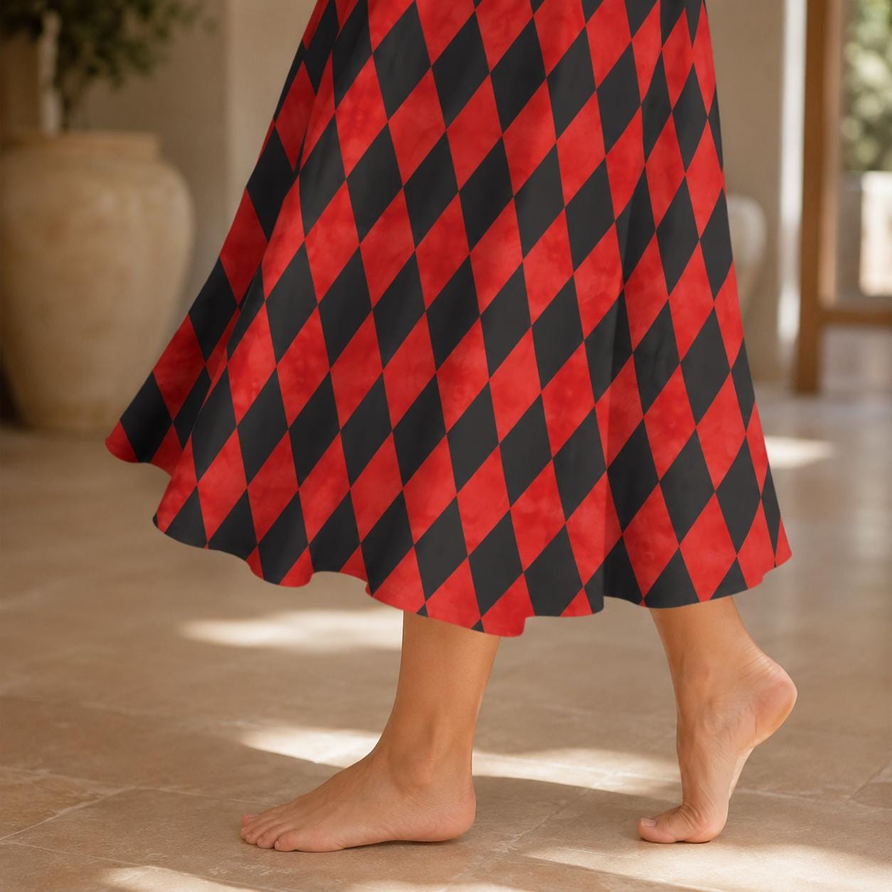 Harlequin Midi Skirt, Red Black Diamond Print, High Waist A Line, Pockets, Circus Style