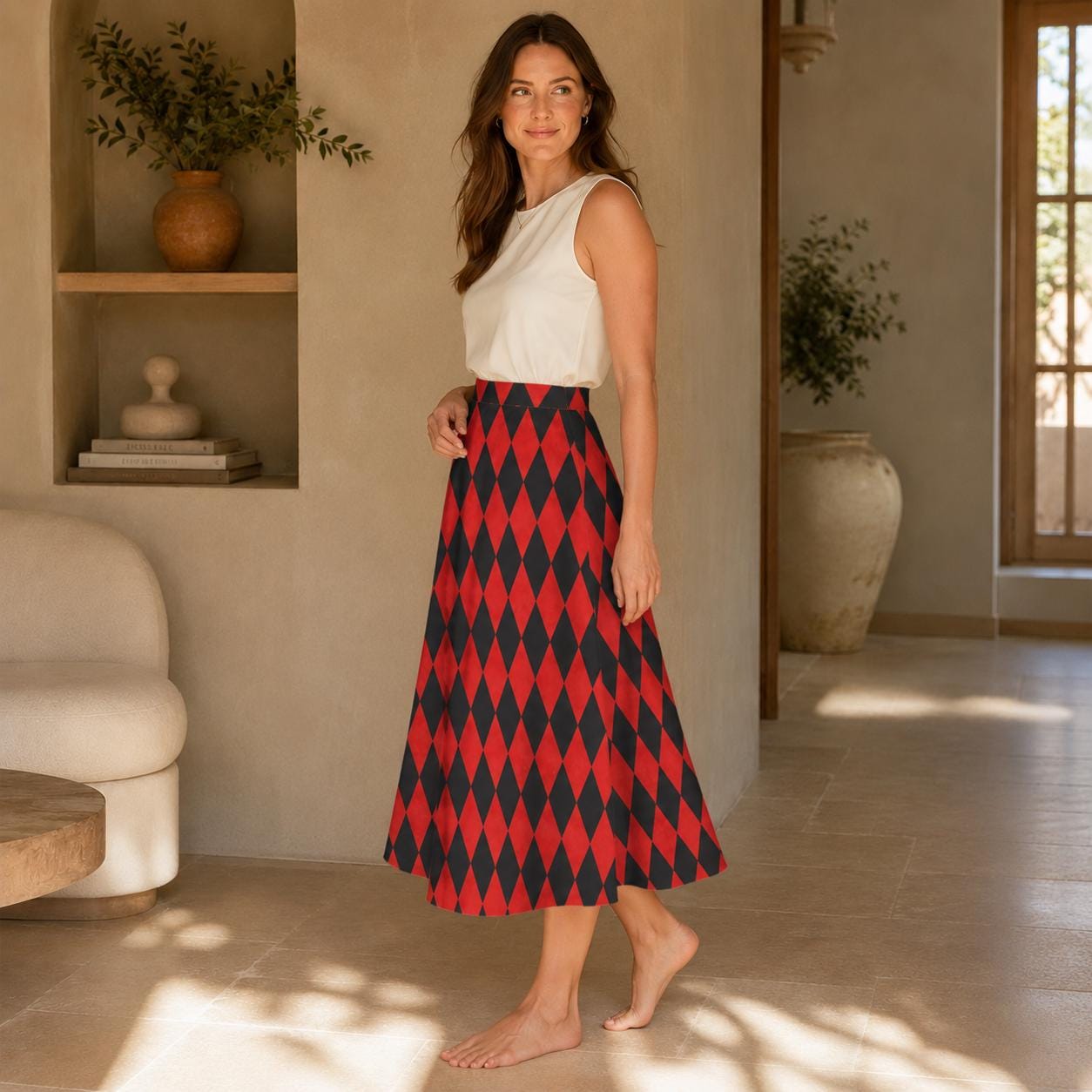 Harlequin Midi Skirt, Red Black Diamond Print, High Waist A Line, Pockets, Circus Style