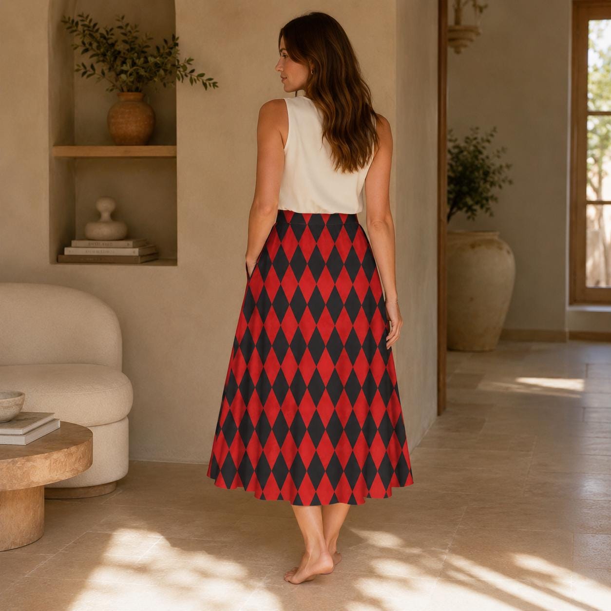 Harlequin Midi Skirt, Red Black Diamond Print, High Waist A Line, Pockets, Circus Style