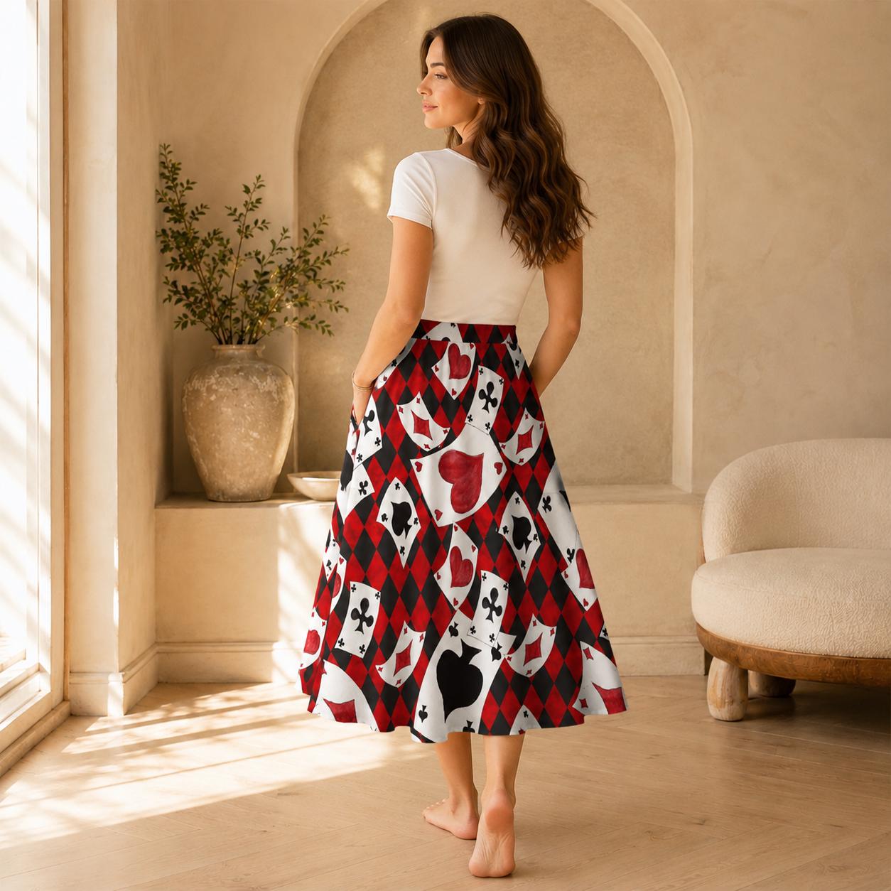 Alice in Wonderland Playing Card Midi Skirt, Queen of Hearts Costume, Pockets