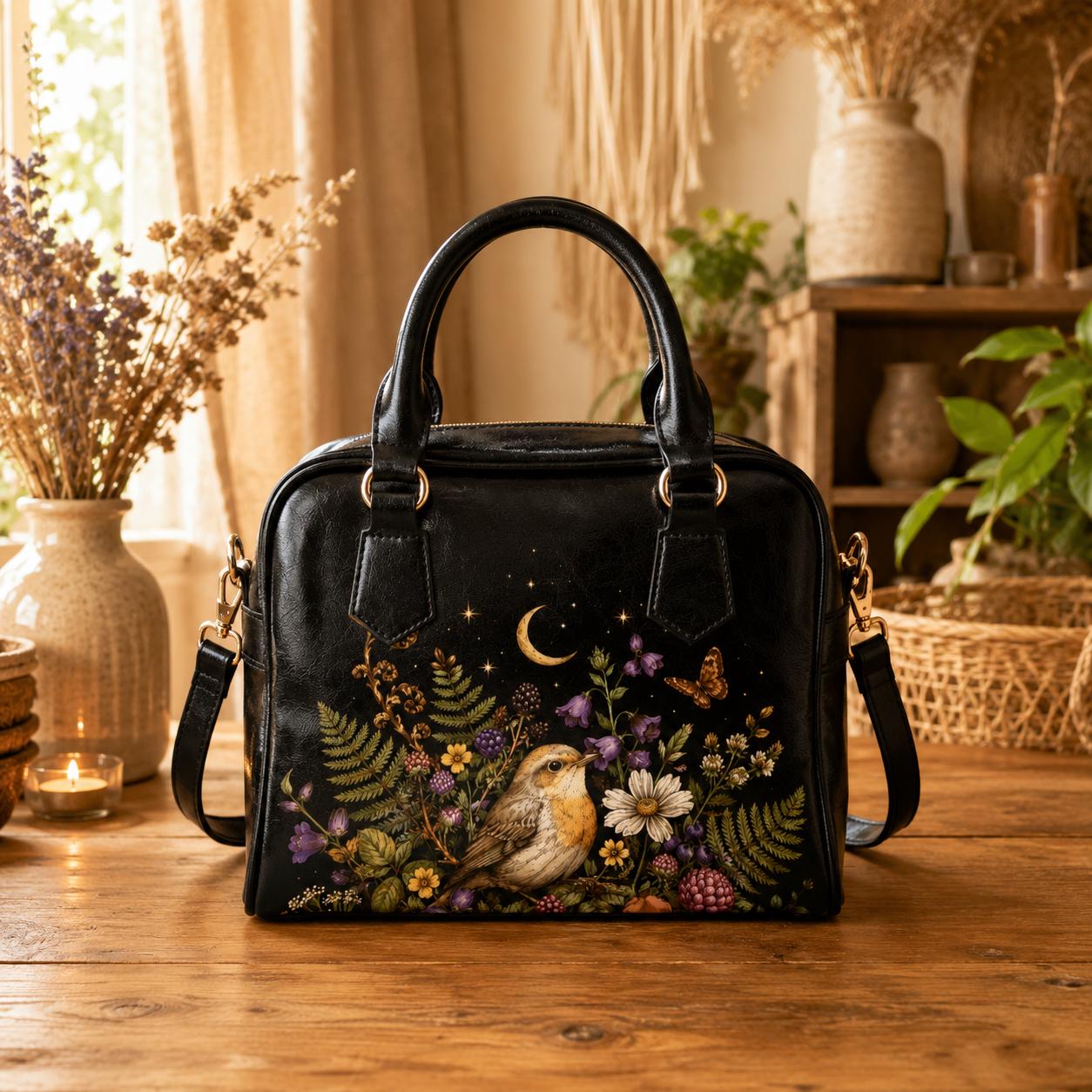 Bird Floral Handbag, Robin Moon Stars Dark Cottagecore Shoulder Bag