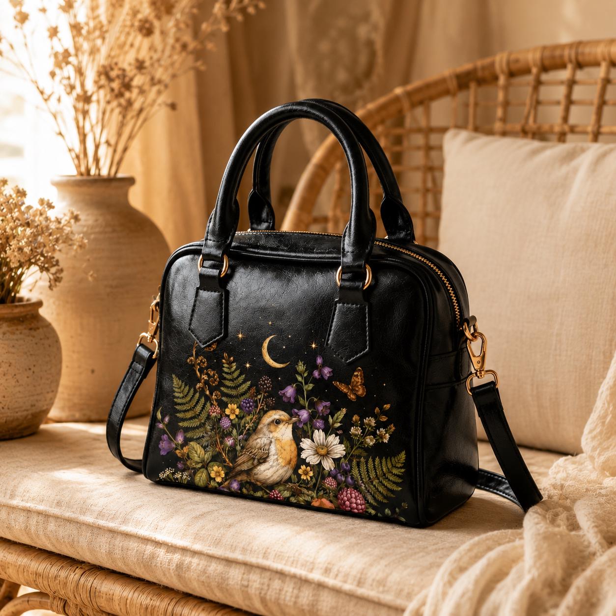 Bird Floral Handbag, Robin Moon Stars Dark Cottagecore Shoulder Bag