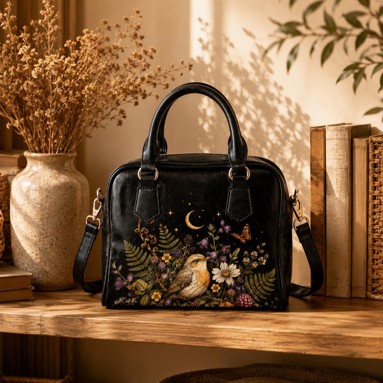 Bird Floral Handbag, Robin Moon Stars Dark Cottagecore Shoulder Bag