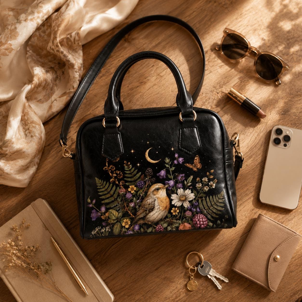 Bird Floral Handbag, Robin Moon Stars Dark Cottagecore Shoulder Bag