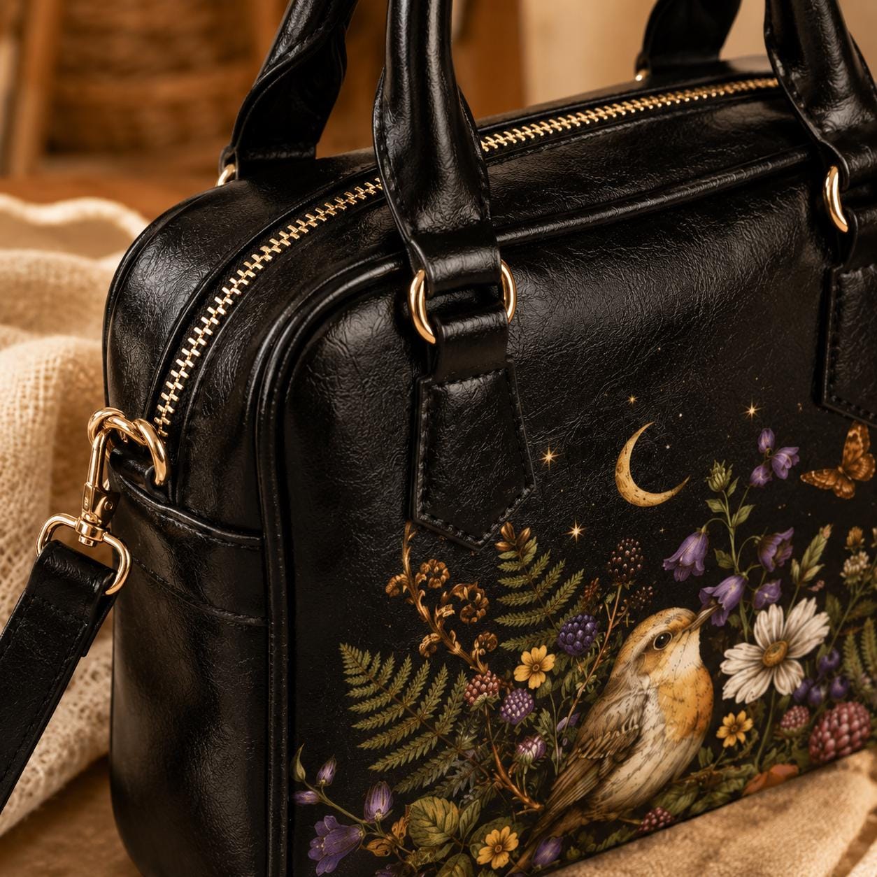 Bird Floral Handbag, Robin Moon Stars Dark Cottagecore Shoulder Bag