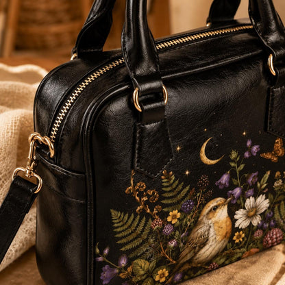 Bird Floral Handbag, Robin Moon Stars Dark Cottagecore Shoulder Bag