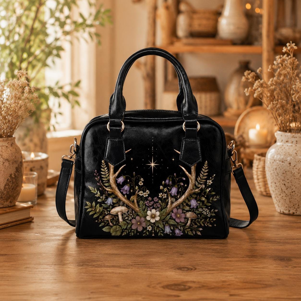 Antler Wildflower Satchel Bag, Forest Witch Mushroom Fern Celestial Print Purse