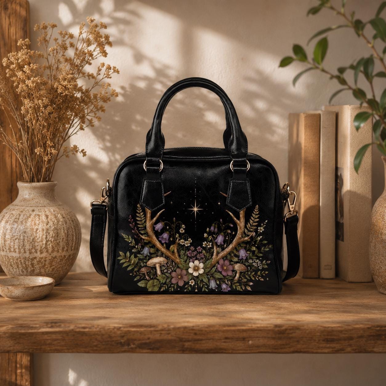 Antler Wildflower Satchel Bag, Forest Witch Mushroom Fern Celestial Print Purse