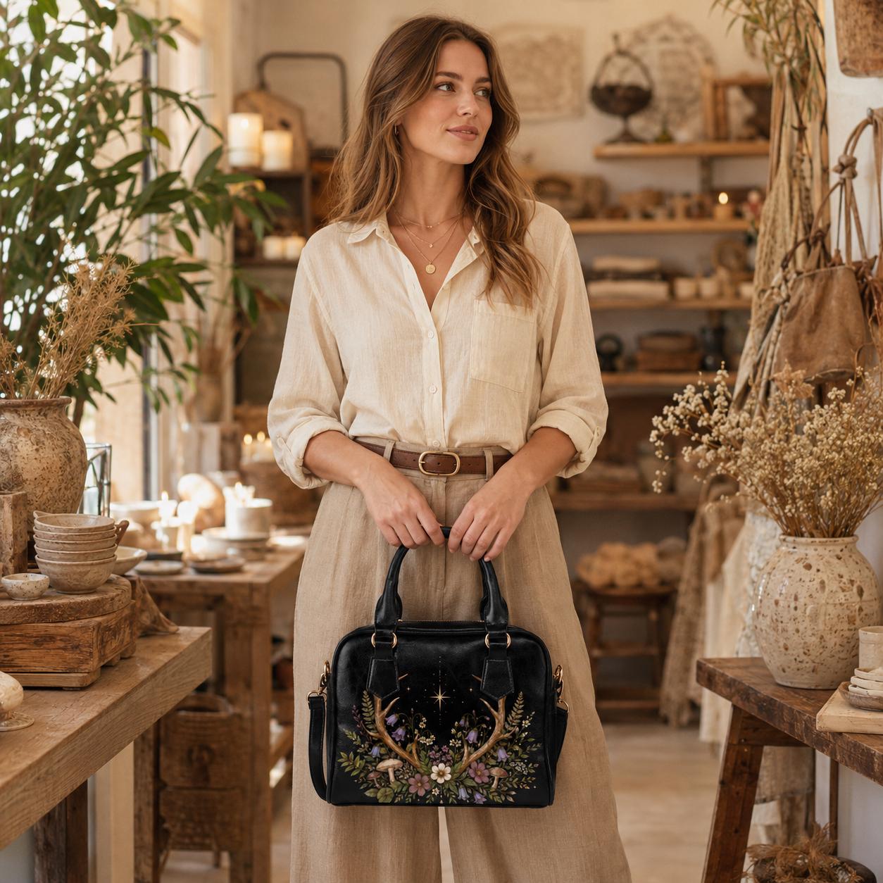Antler Wildflower Satchel Bag, Forest Witch Mushroom Fern Celestial Print Purse