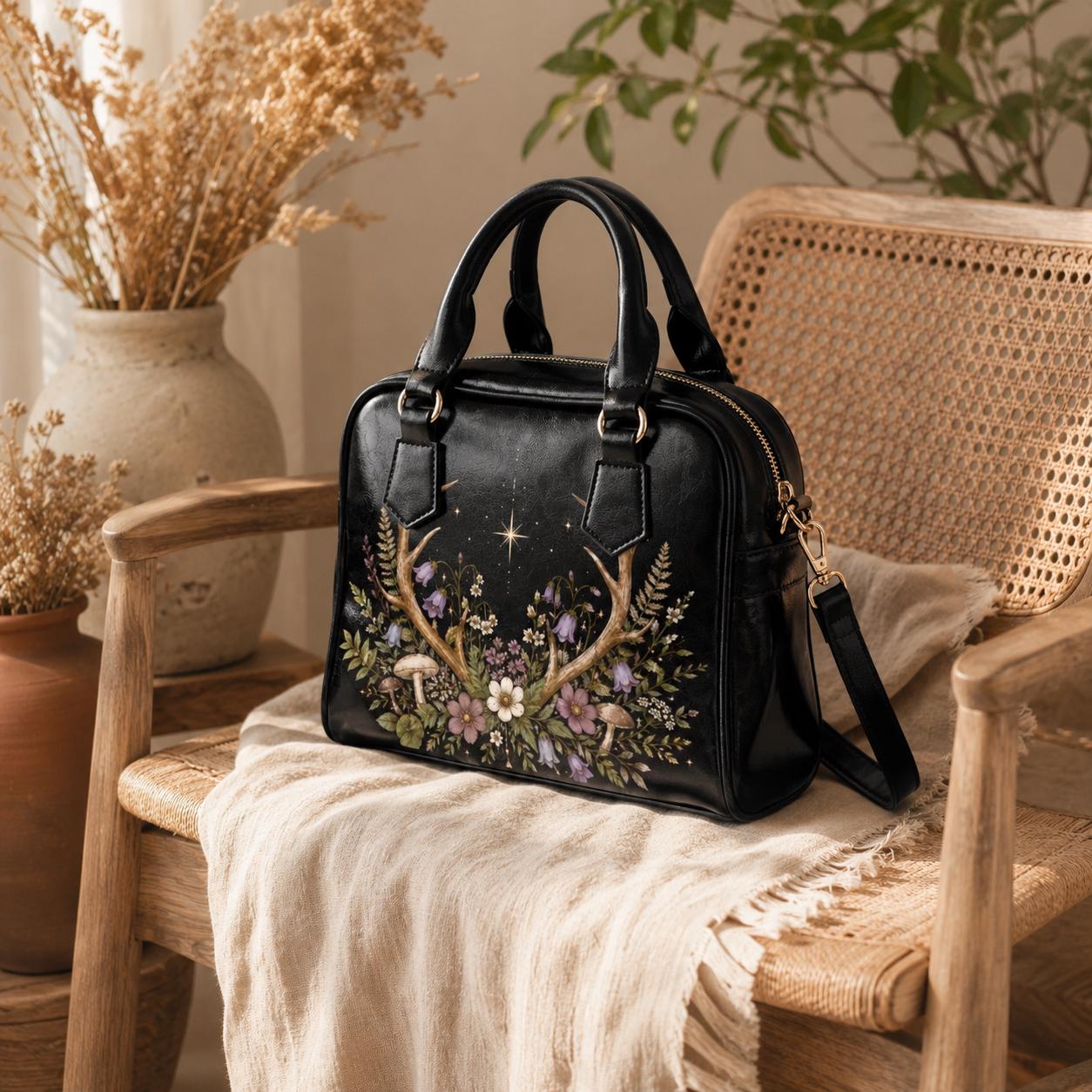 Antler Wildflower Satchel Bag, Forest Witch Mushroom Fern Celestial Print Purse
