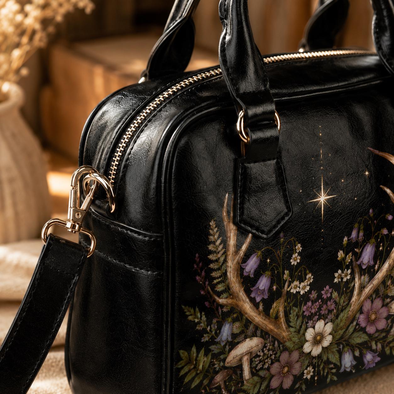 Antler Wildflower Satchel Bag, Forest Witch Mushroom Fern Celestial Print Purse