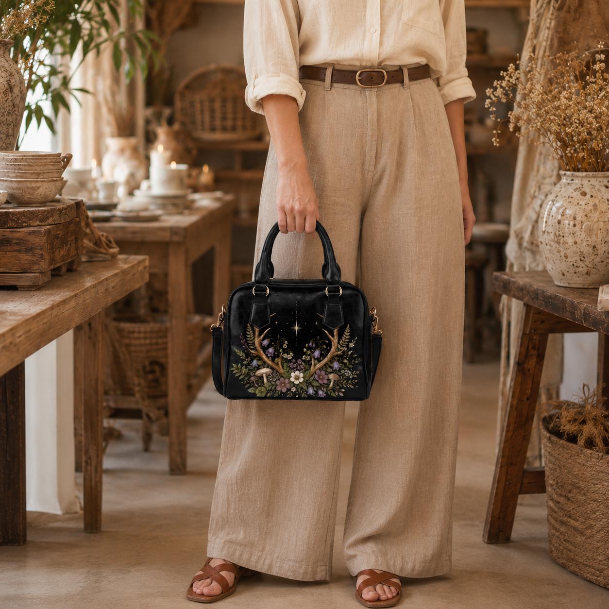 Antler Wildflower Satchel Bag, Forest Witch Mushroom Fern Celestial Print Purse