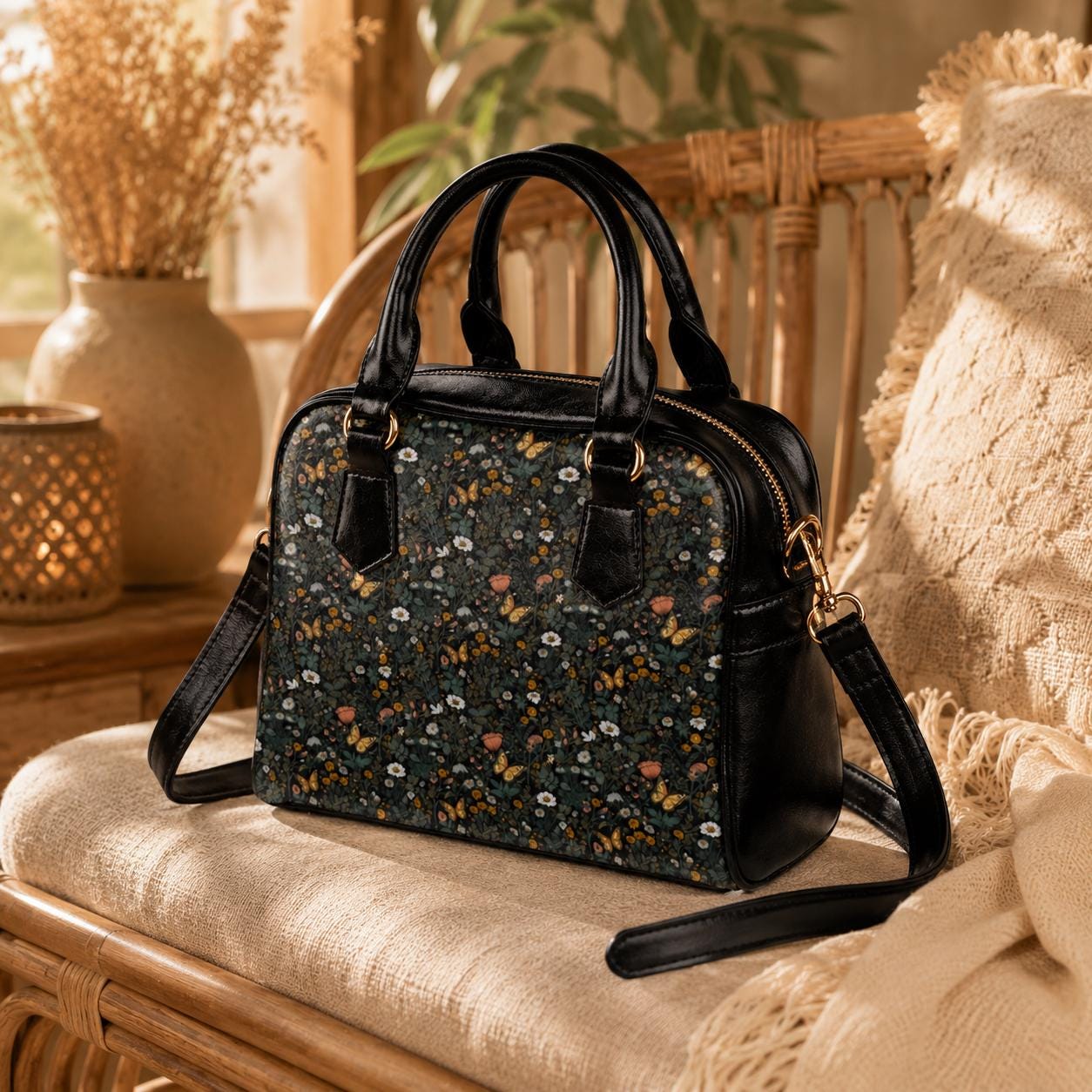 Dark Floral Butterfly Daisy Satchel Purse, Moody Cottagecore Crossbody Handbag