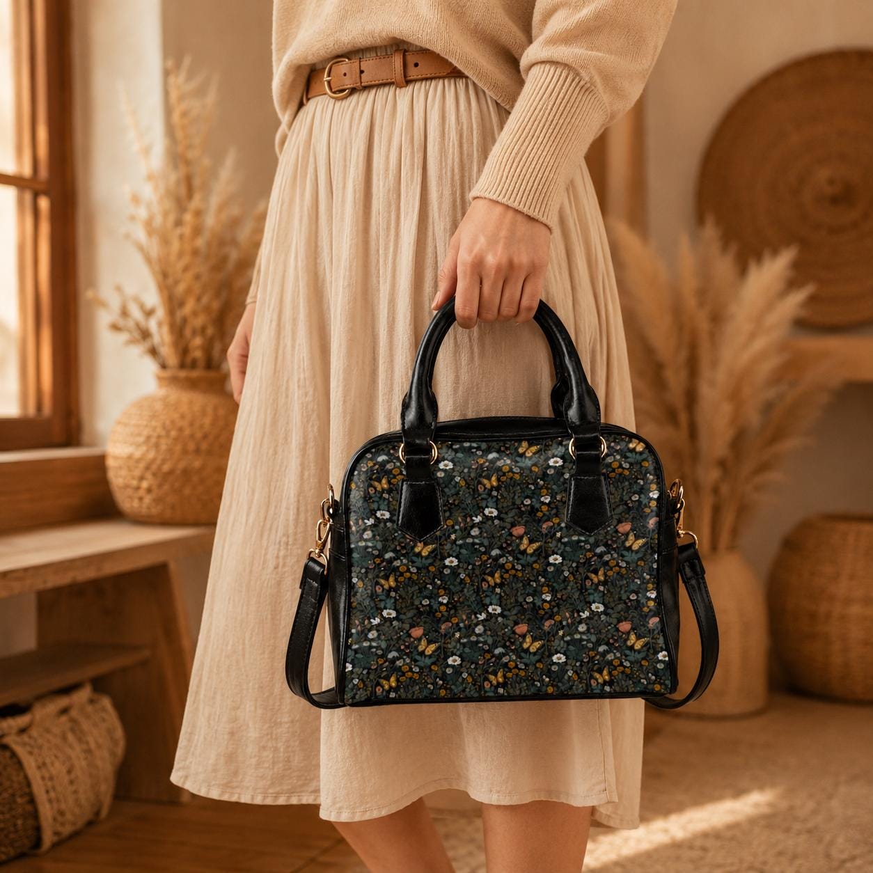Dark Floral Butterfly Daisy Satchel Purse, Moody Cottagecore Crossbody Handbag