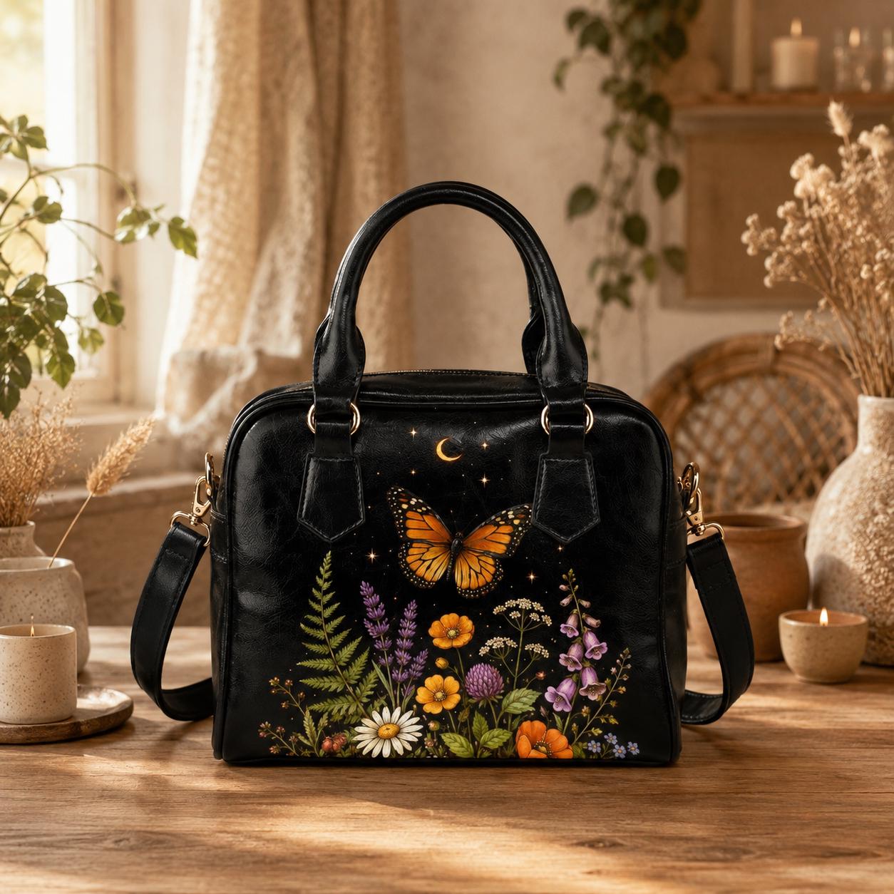 Butterfly Purse Black, Monarch Wildflower Handbag with Moon and Stars, Dark Floral Crossbody Bag