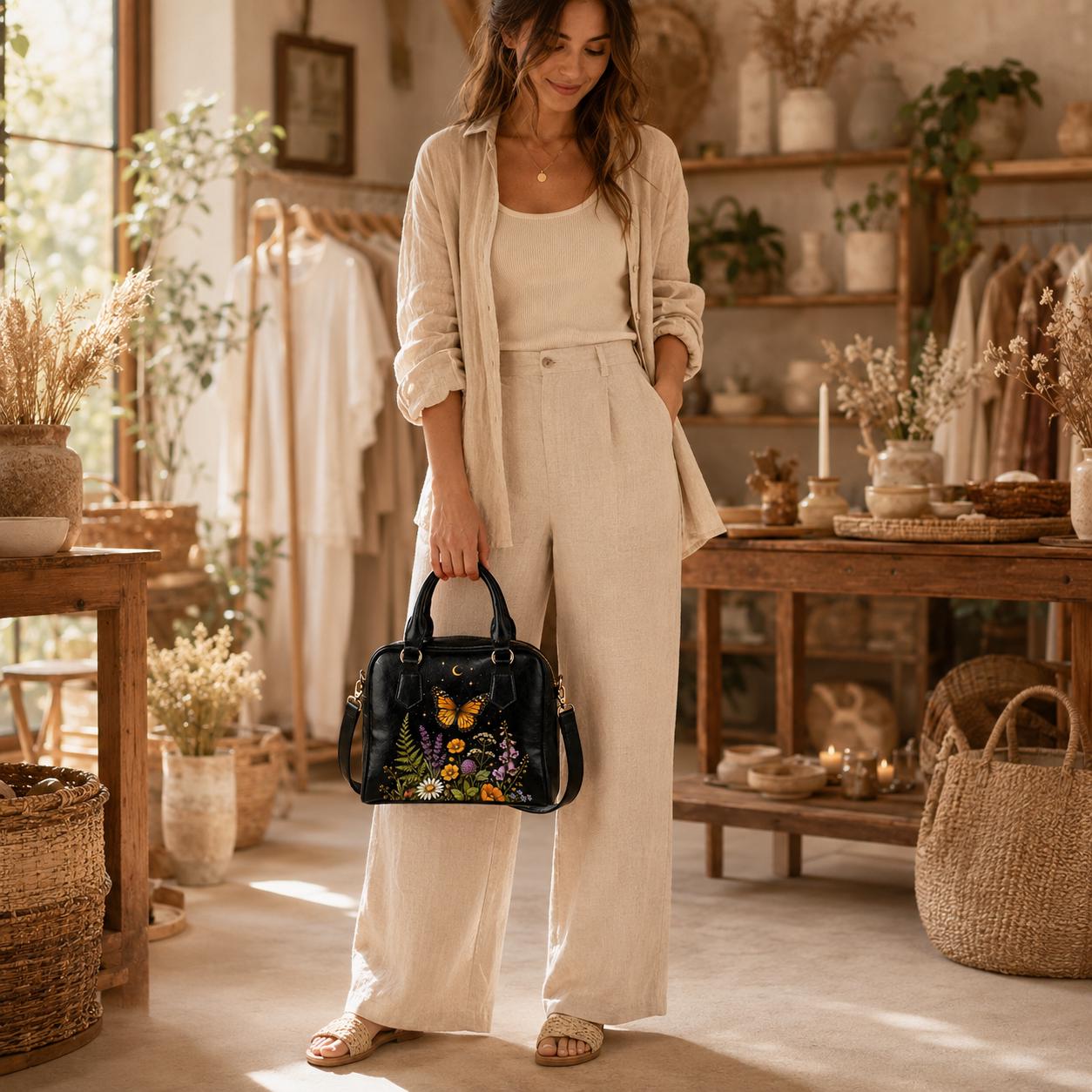 Butterfly Purse Black, Monarch Wildflower Handbag with Moon and Stars, Dark Floral Crossbody Bag