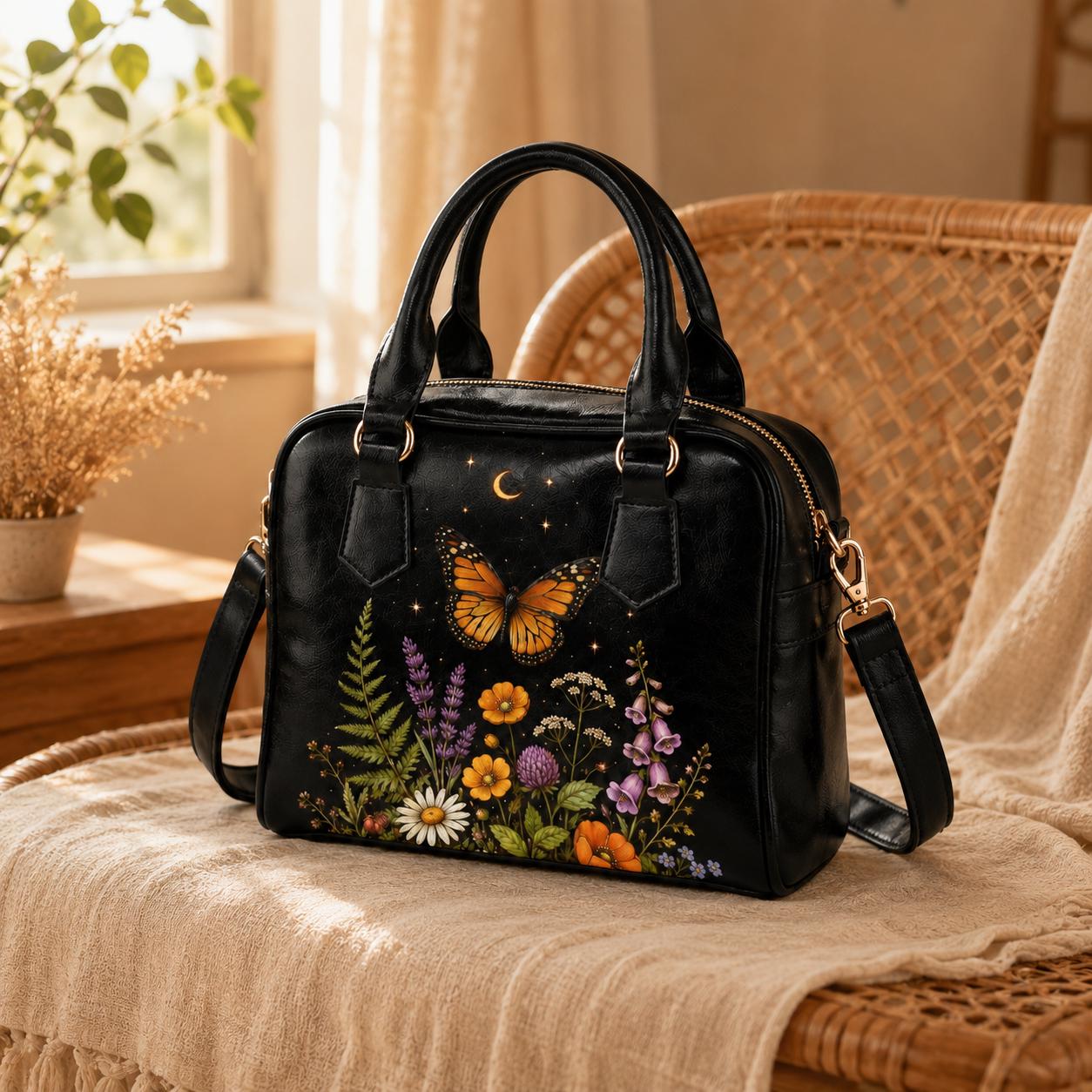 Butterfly Purse Black, Monarch Wildflower Handbag with Moon and Stars, Dark Floral Crossbody Bag