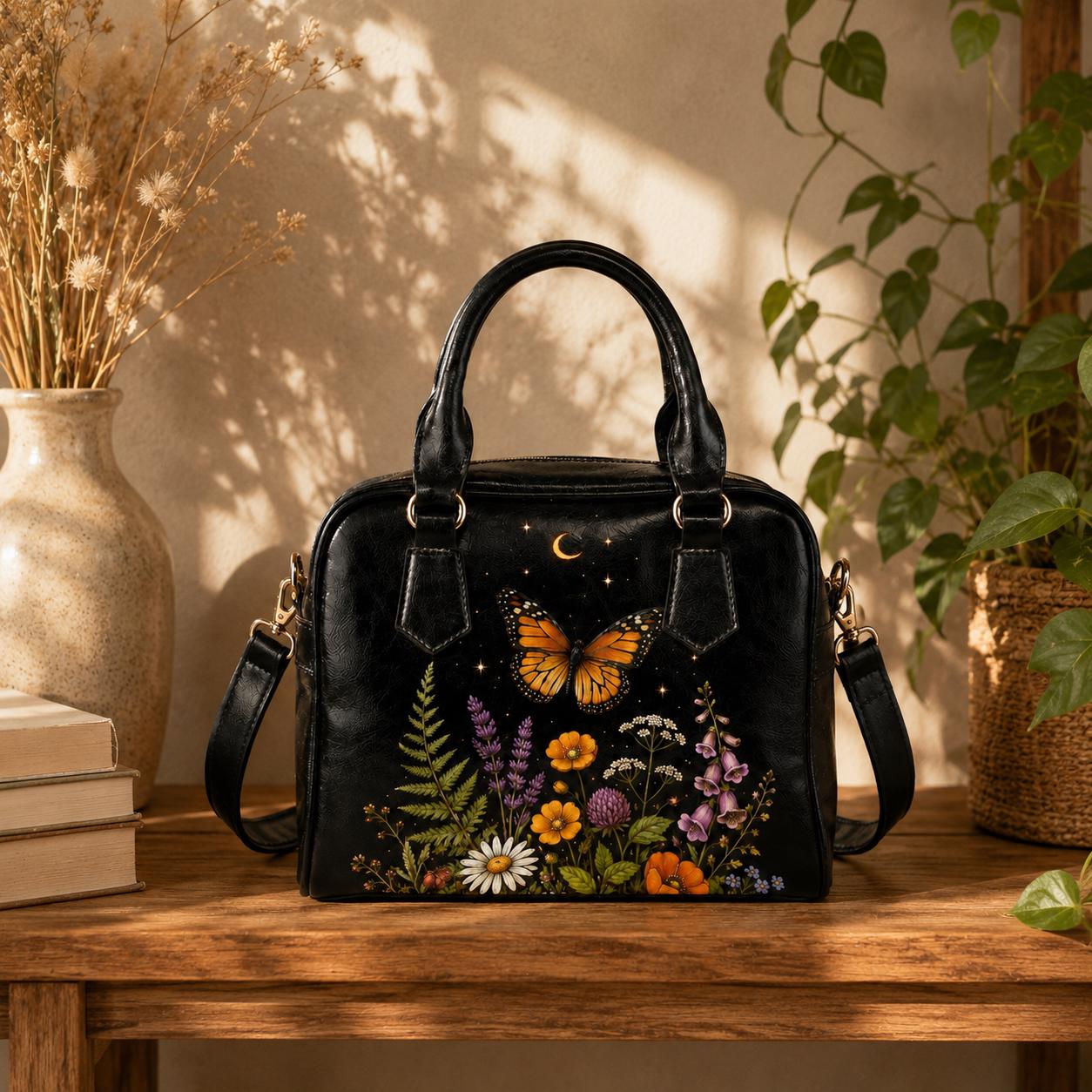 Butterfly Purse Black, Monarch Wildflower Handbag with Moon and Stars, Dark Floral Crossbody Bag
