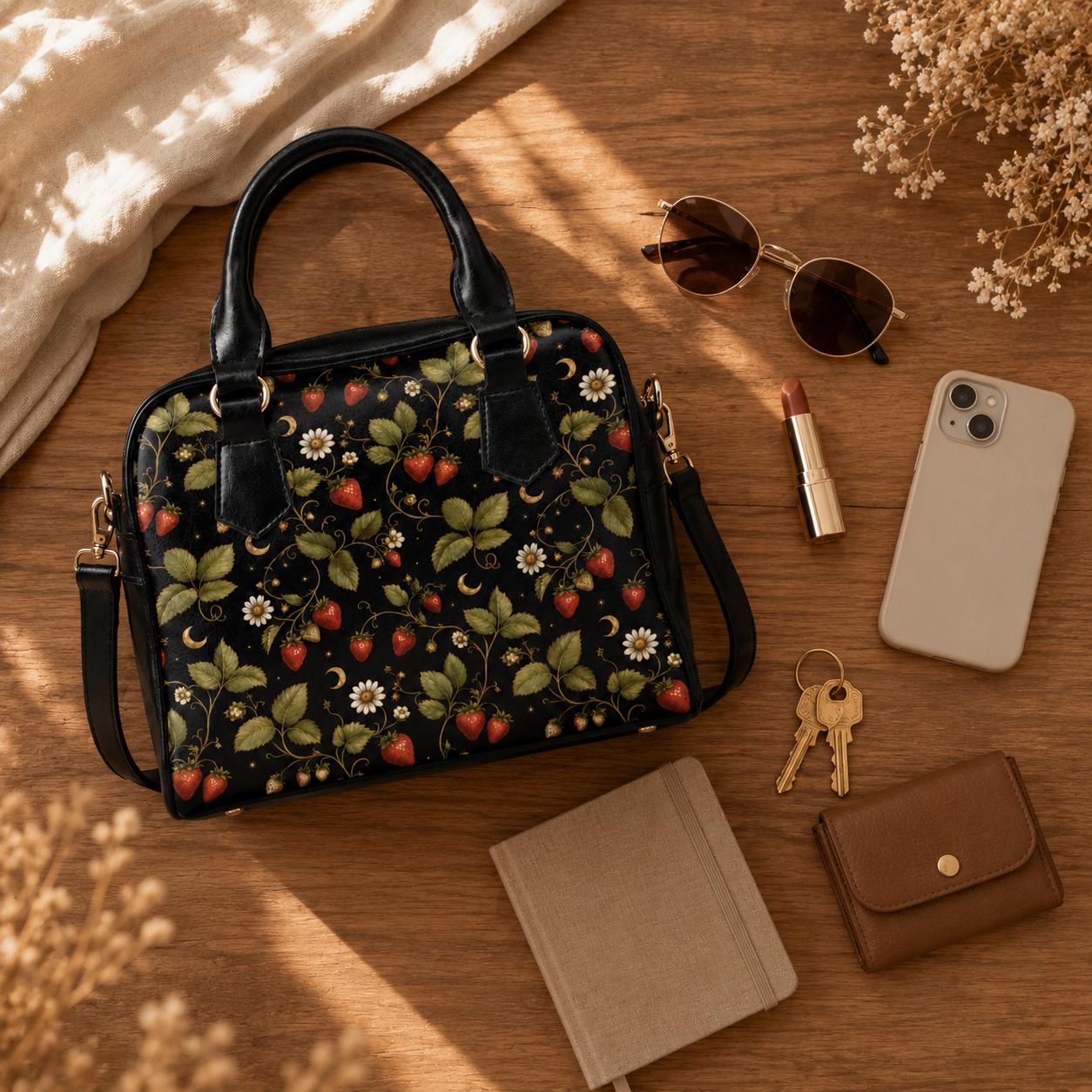 Strawberry Daisy Vine Satchel Handbag, Cottagecore Black Crossbody Bag