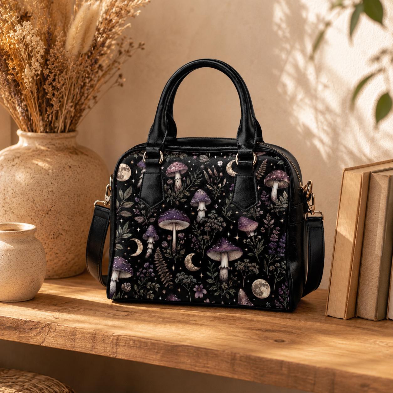 Mushroom Moon Forest Print Handbag, Black Fairycore Crossbody Satchel