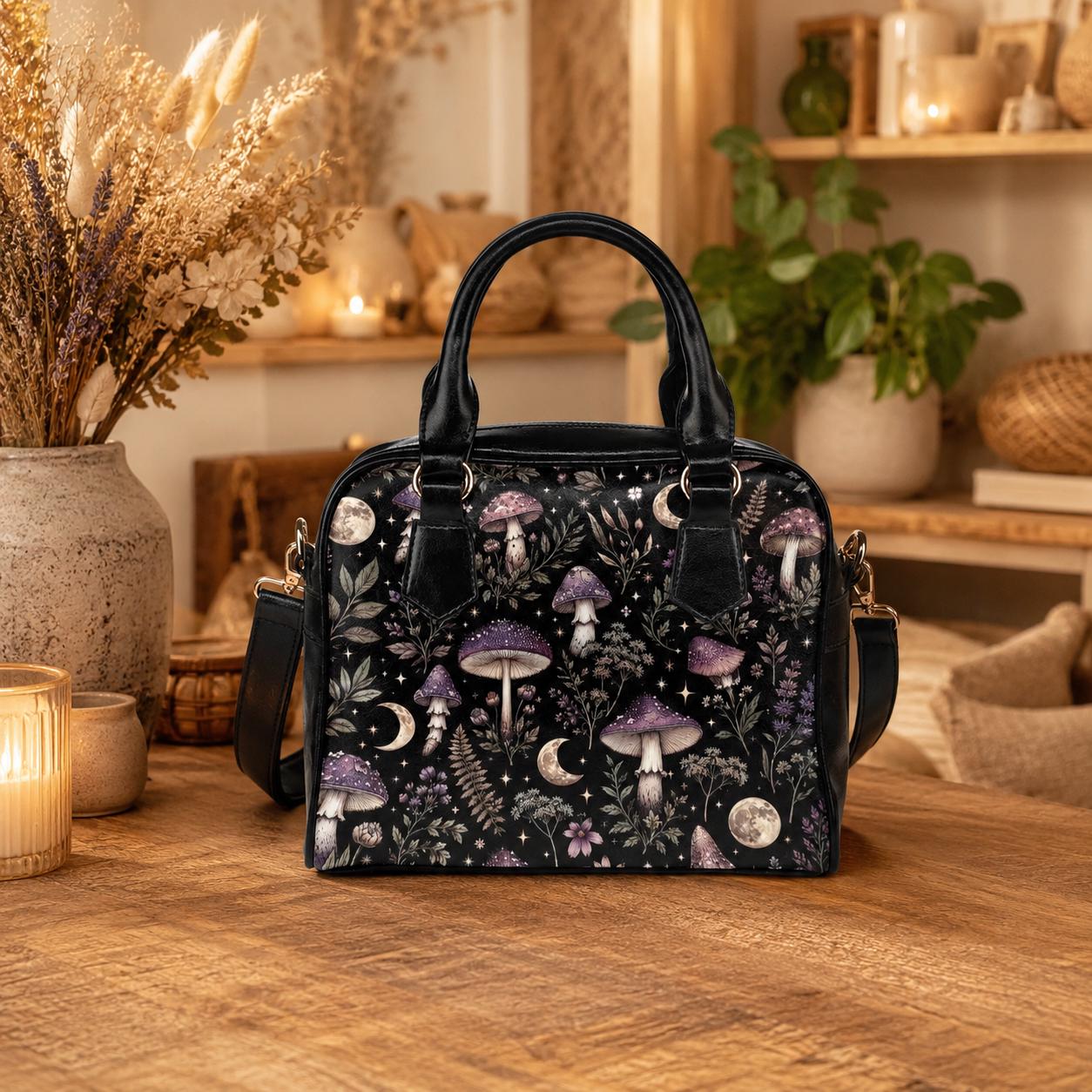 Mushroom Moon Forest Print Handbag, Black Fairycore Crossbody Satchel