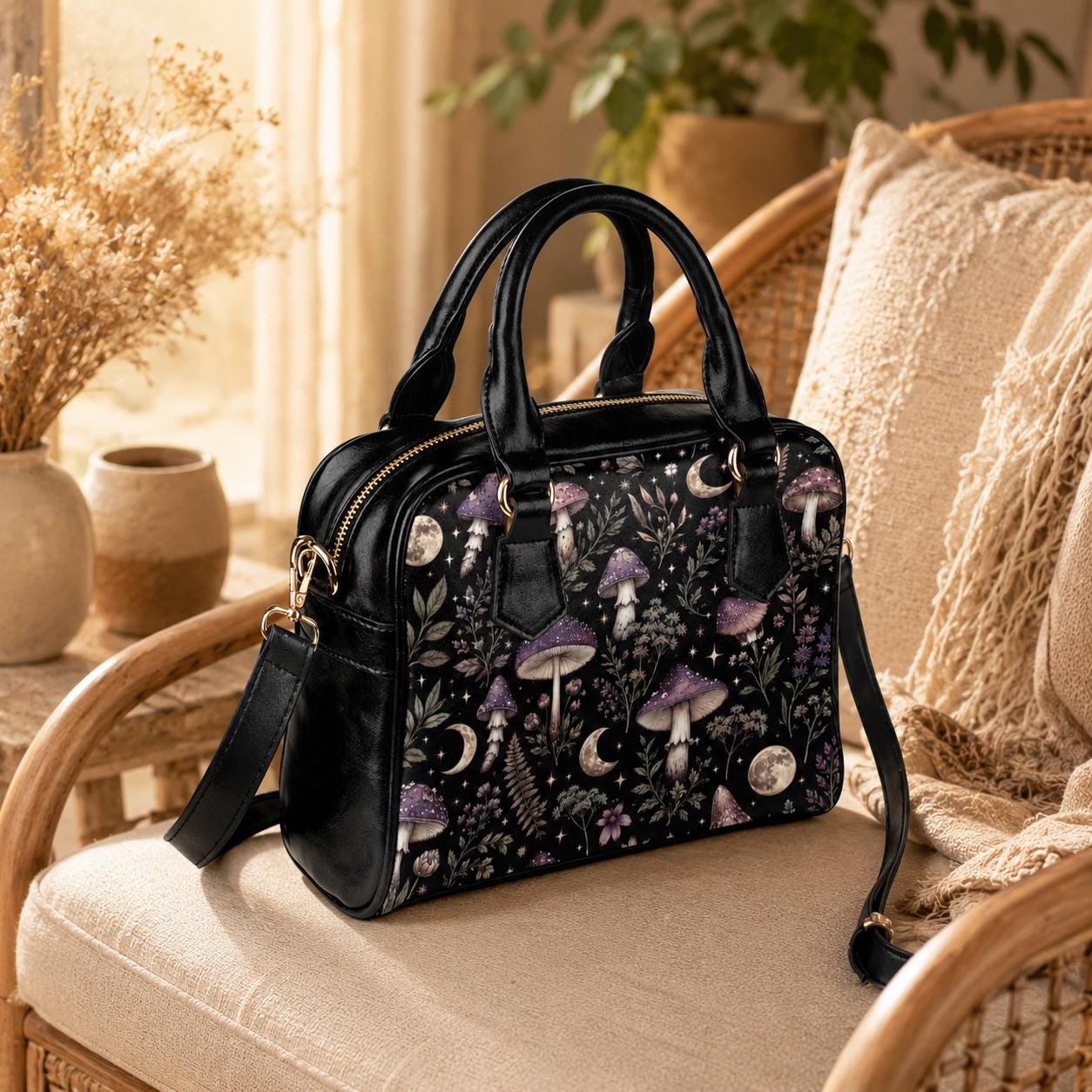 Mushroom Moon Forest Print Handbag, Black Fairycore Crossbody Satchel
