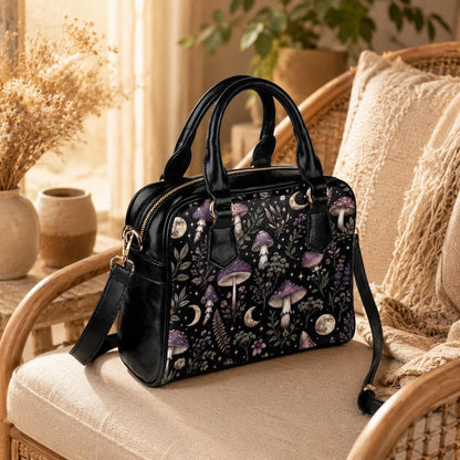 Mushroom Moon Forest Print Handbag, Black Fairycore Crossbody Satchel