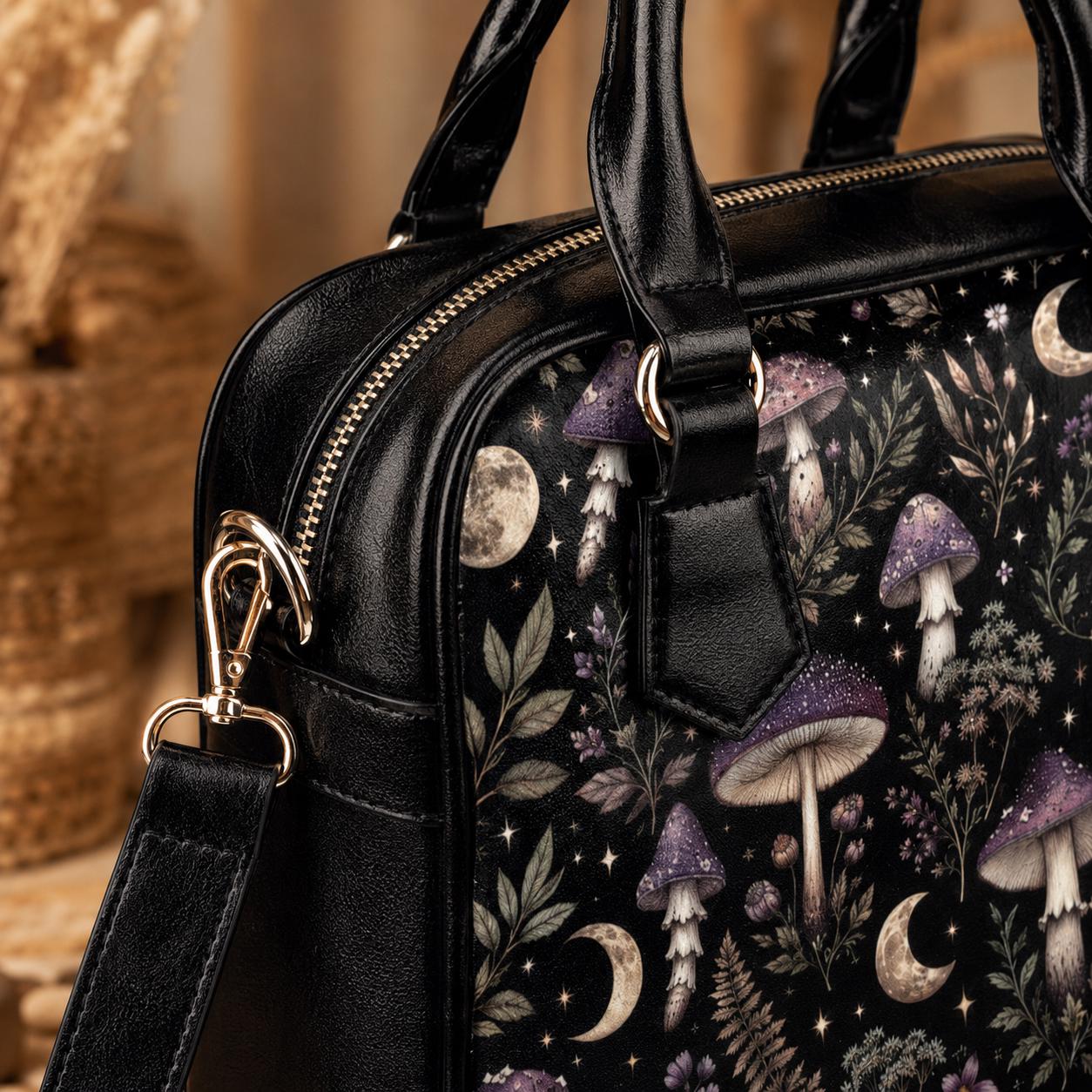 Mushroom Moon Forest Print Handbag, Black Fairycore Crossbody Satchel