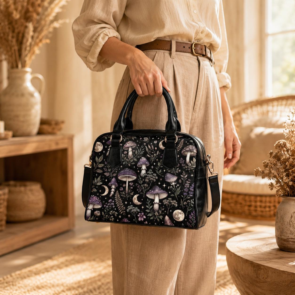 Mushroom Moon Forest Print Handbag, Black Fairycore Crossbody Satchel