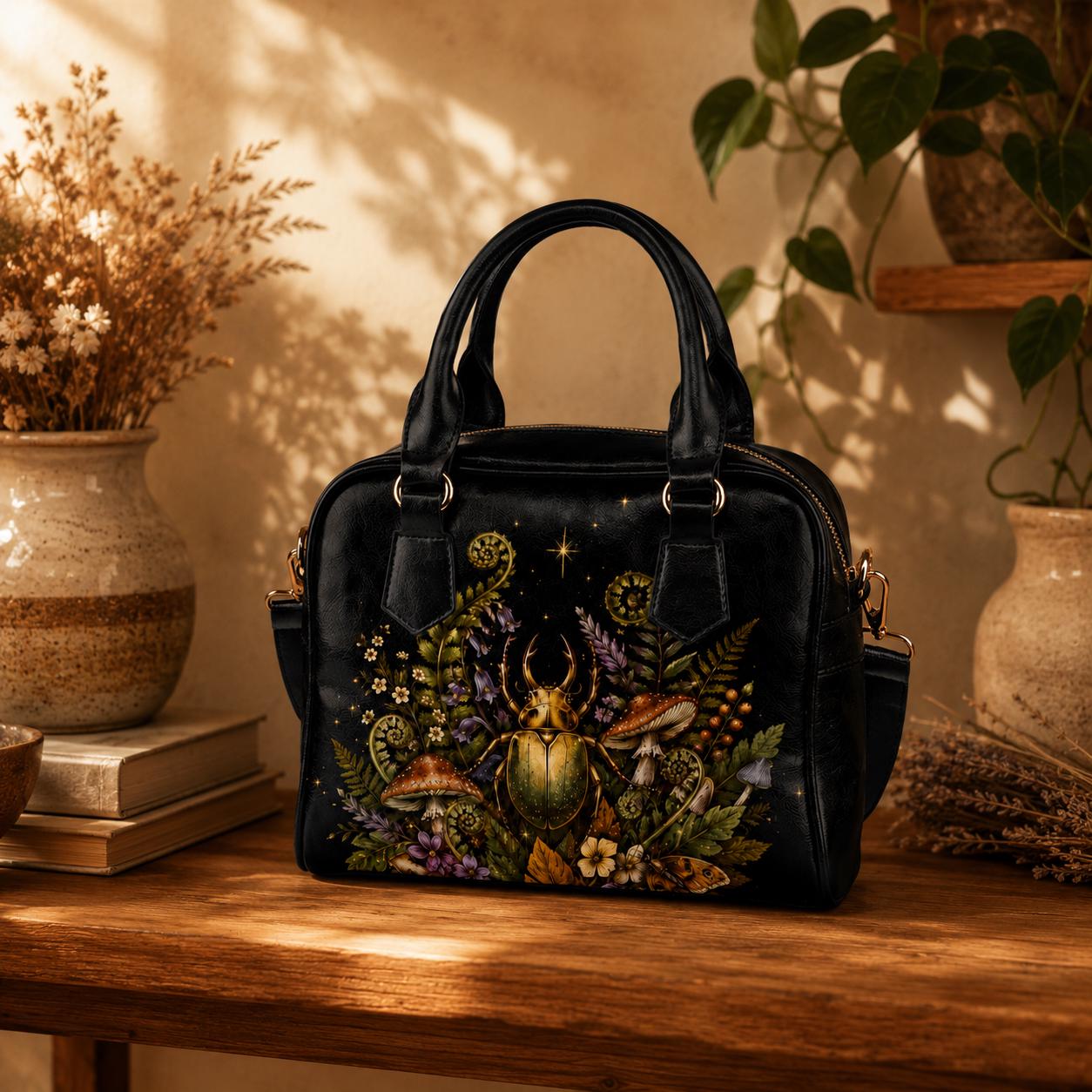 Beetle Mushroom Handbag, Dark Forest Botanical Shoulder Bag, Vegan Leather Crossbody Purse
