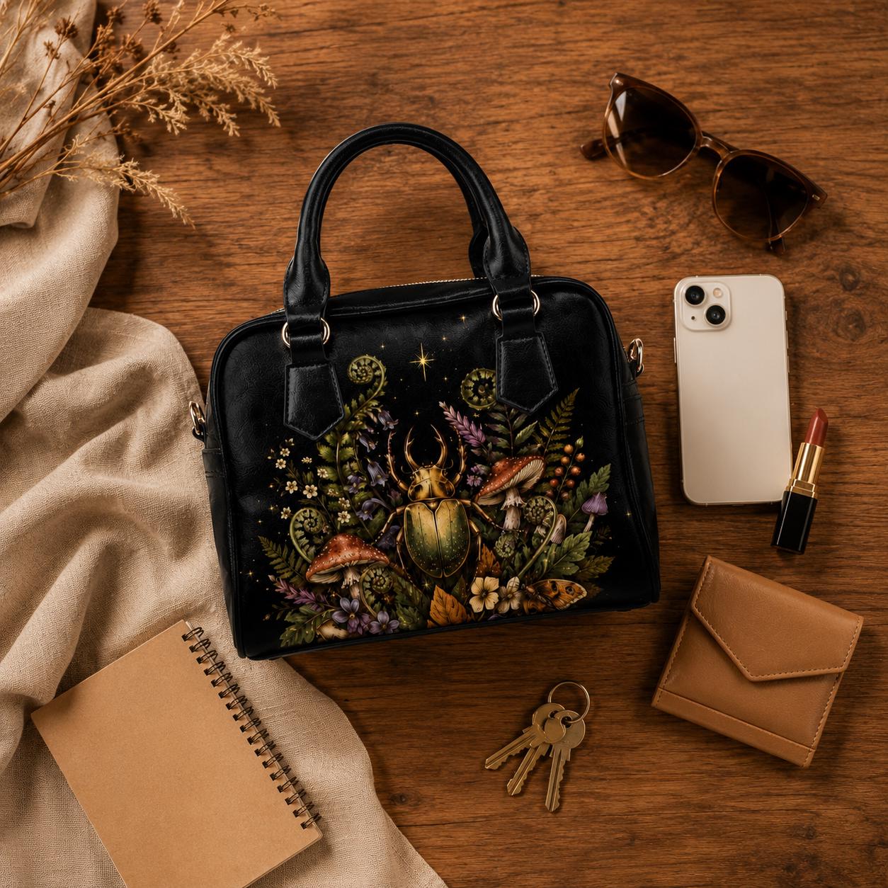 Beetle Mushroom Handbag, Dark Forest Botanical Shoulder Bag, Vegan Leather Crossbody Purse