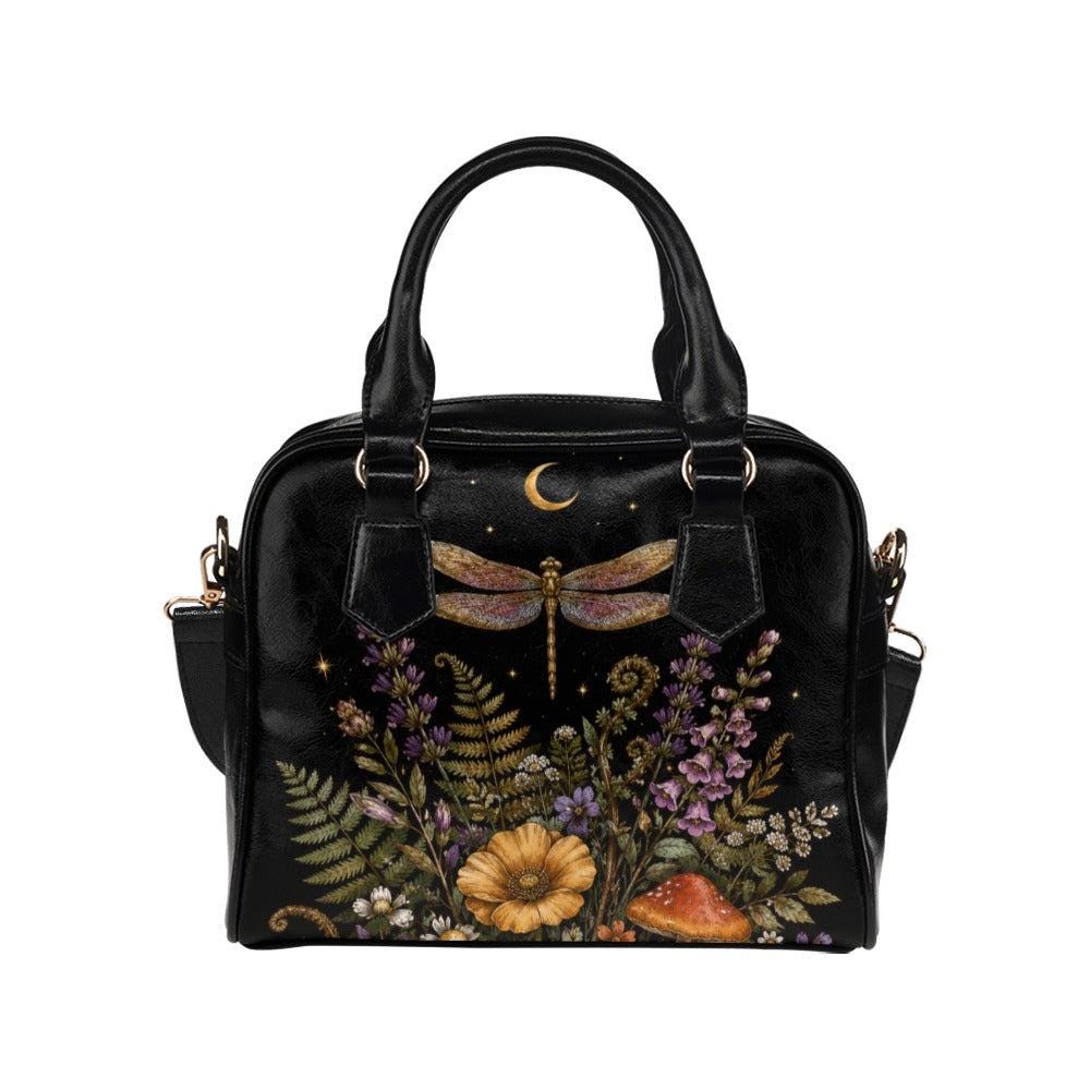 Dragonfly Moon Faux Leather Handbag, Dark Botanical Print Shoulder Bag