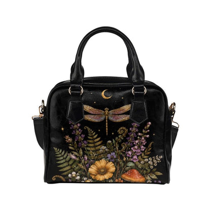 Dragonfly Moon Faux Leather Handbag, Dark Botanical Print Shoulder Bag