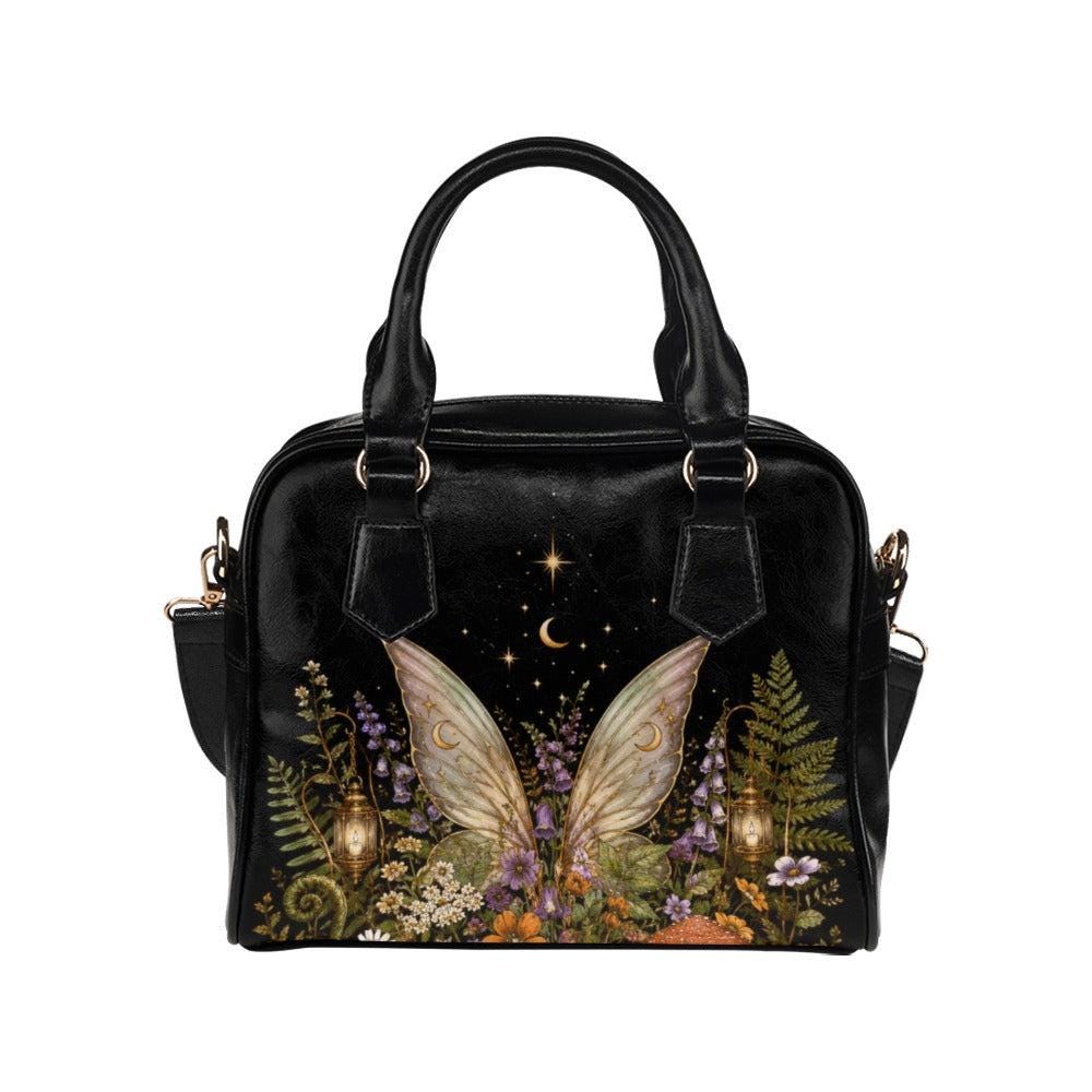 Fairycore Crossbody Bag, Moon Fairy Wings, Fern Garden Print Handbag, Vegan Leather Shoulder Purse
