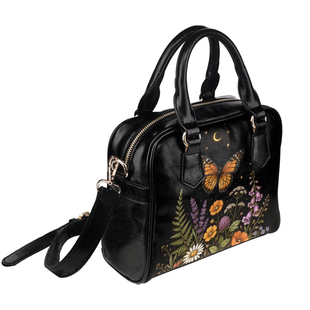 Butterfly Purse Black, Monarch Wildflower Handbag with Moon and Stars, Dark Floral Crossbody Bag