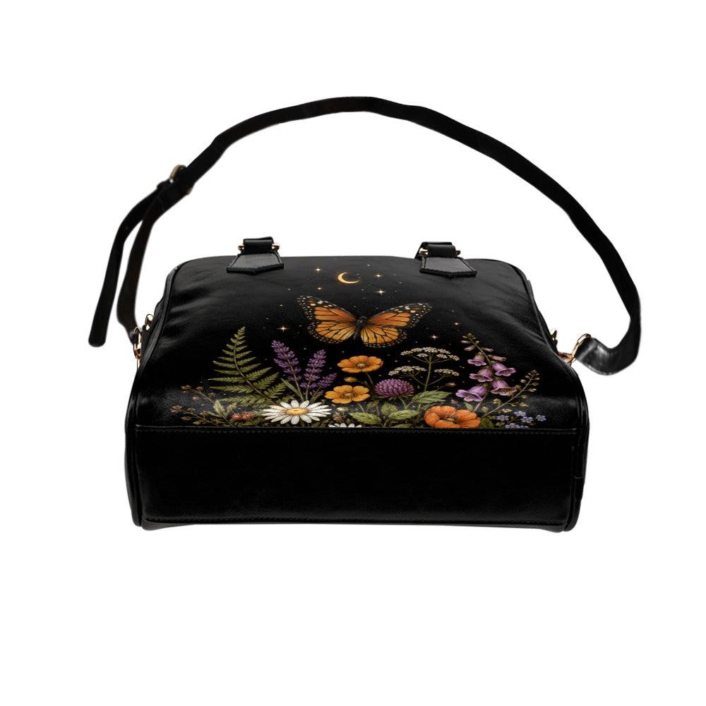 Butterfly Purse Black, Monarch Wildflower Handbag with Moon and Stars, Dark Floral Crossbody Bag