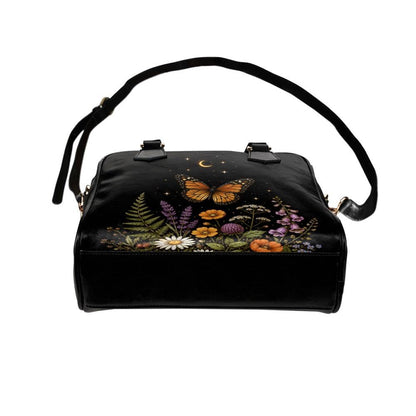 Butterfly Purse Black, Monarch Wildflower Handbag with Moon and Stars, Dark Floral Crossbody Bag