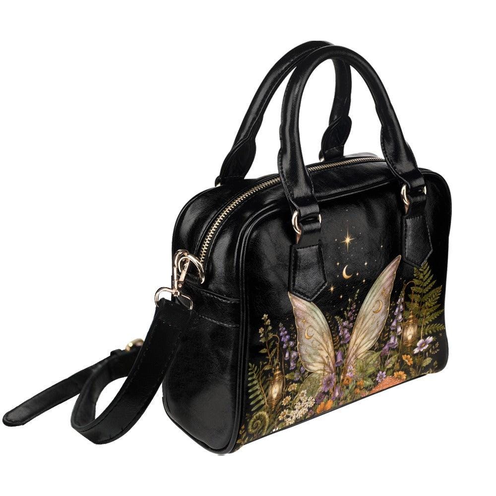 Fairycore Crossbody Bag, Moon Fairy Wings, Fern Garden Print Handbag, Vegan Leather Shoulder Purse