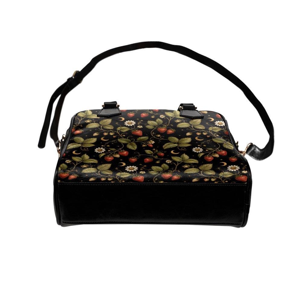 Strawberry Daisy Vine Satchel Handbag, Cottagecore Black Crossbody Bag