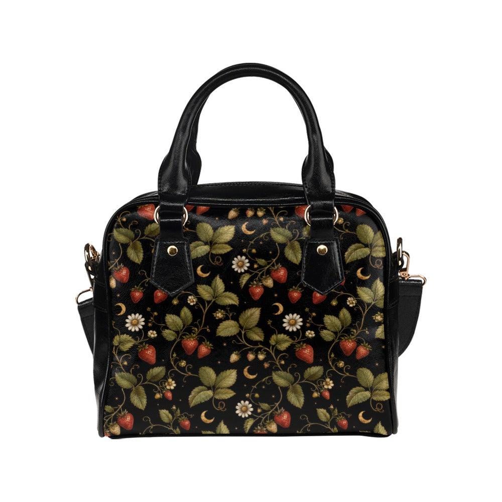 Strawberry Daisy Vine Satchel Handbag, Cottagecore Black Crossbody Bag