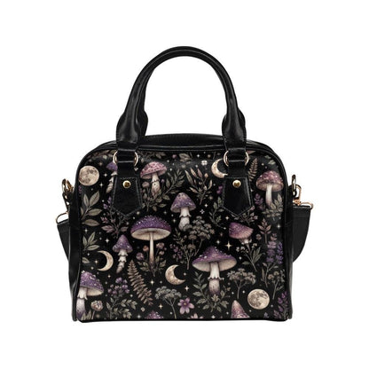 Mushroom Moon Forest Print Handbag, Black Fairycore Crossbody Satchel