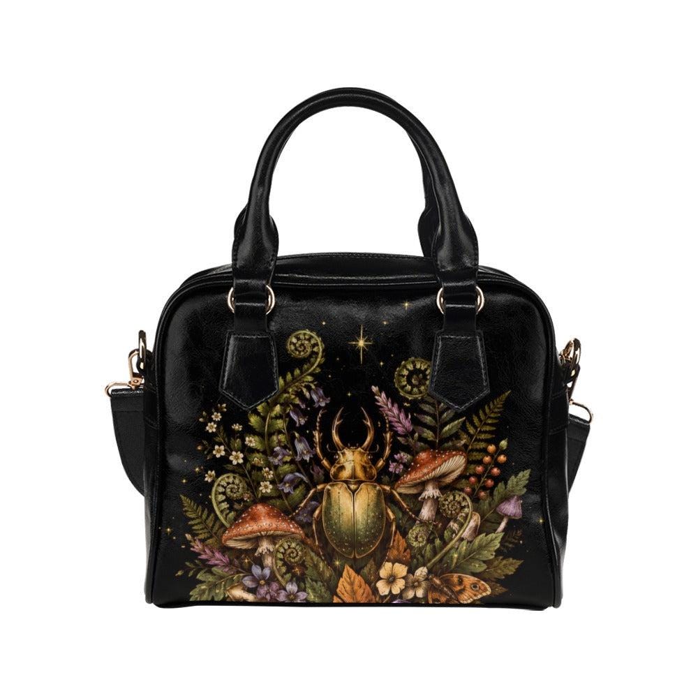 Beetle Mushroom Handbag, Dark Forest Botanical Shoulder Bag, Vegan Leather Crossbody Purse